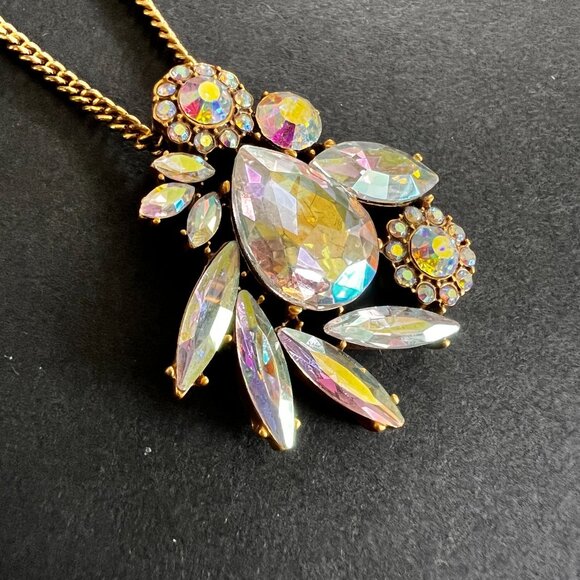 J Crew Gold-Tone Necklace Iridescent AB Crystal Pendant Elegant Statement - Picture 6 of 9
